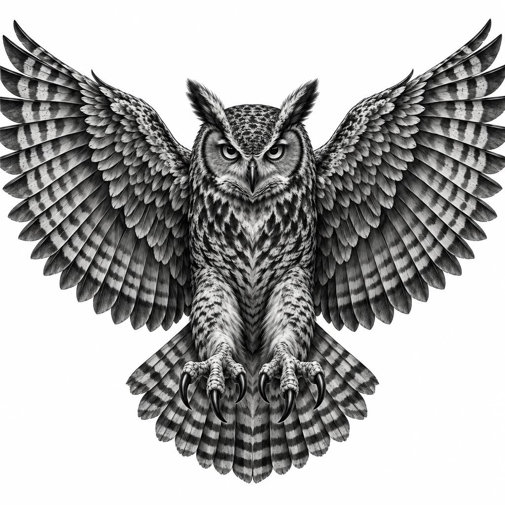 Owl tattoo design seen from the front, wings widely spread and talons extended