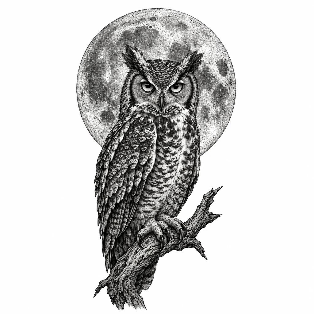 Tattoo design of an owl perched in front of a full moon rendered in dotwork