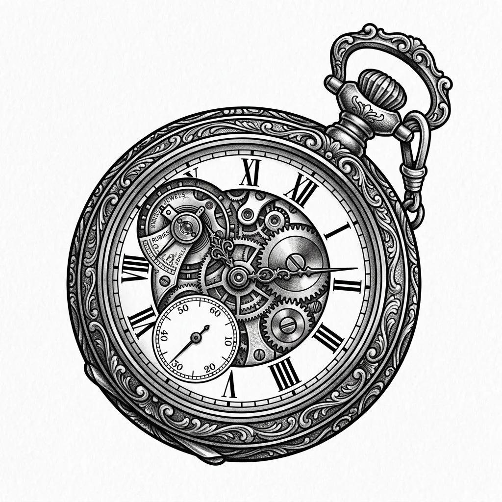 Black and grey tattoo design of a vintage pocket watch with visible internal gears.