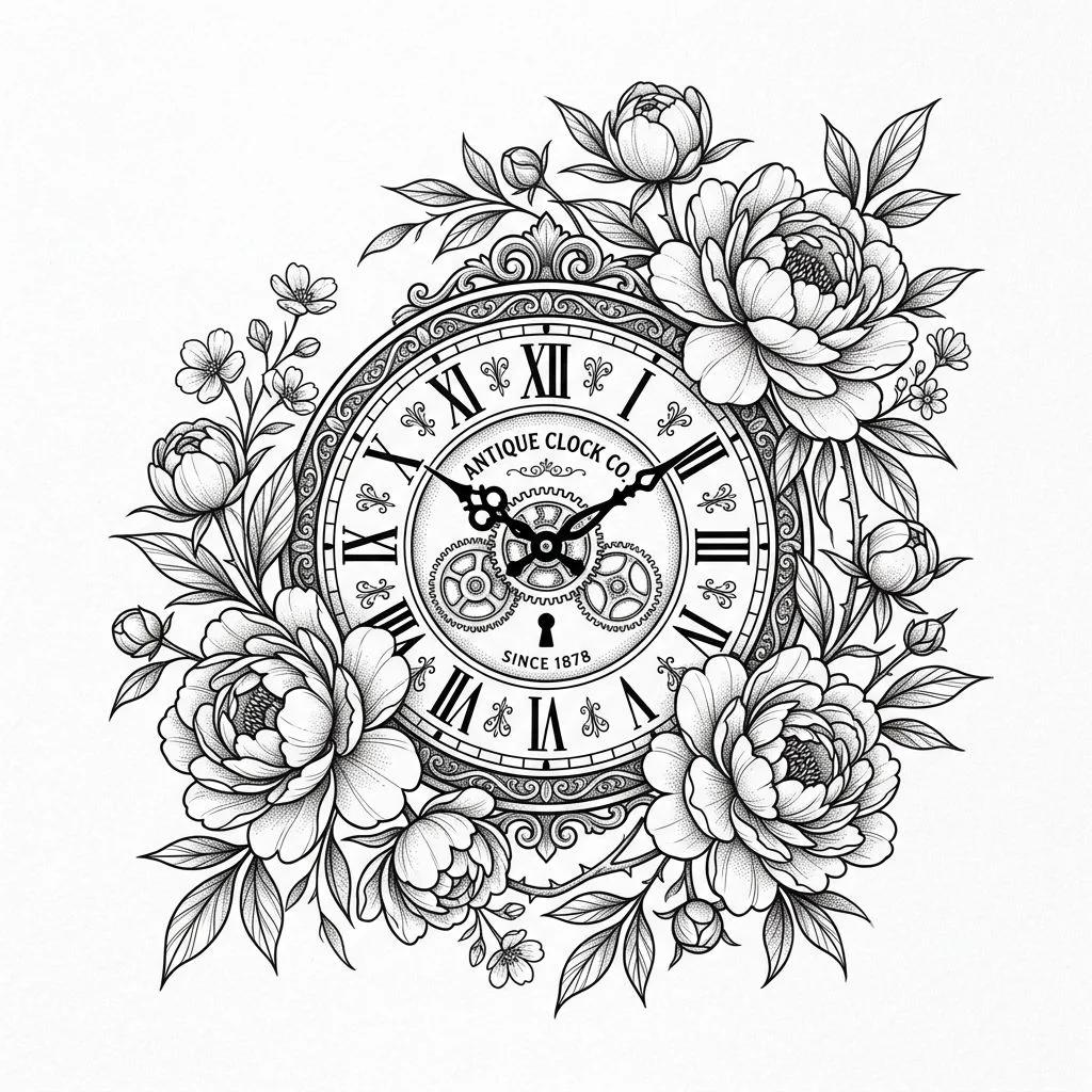 Black and white tattoo design of an antique clock face surrounded by blooming peonies on a white background.