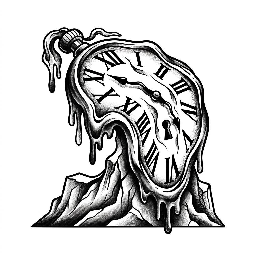 Tattoo design of a surrealist melting clock with distorted Roman numerals draped over rocks.
