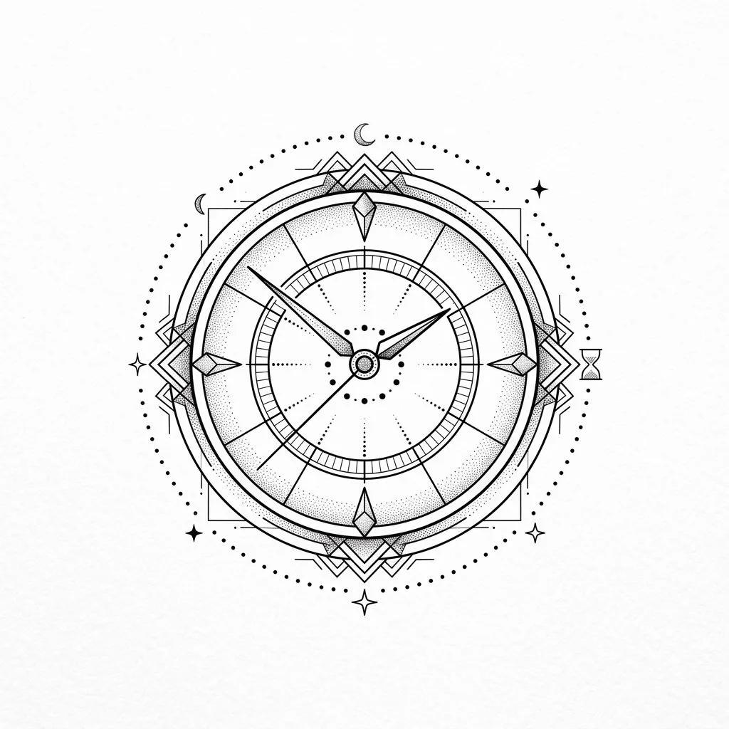 Geometric clock tattoo design with dotwork, celestial symbols, and an hourglass on a white background.