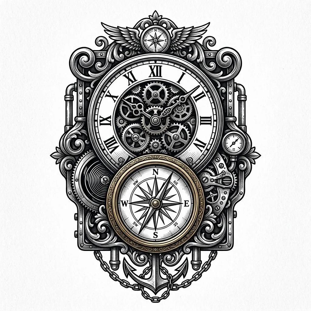 Steampunk tattoo design featuring a gear clock, compass, and marine anchor on a white background.