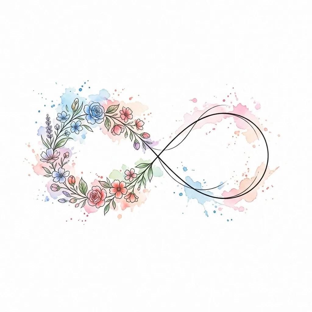 Infinity symbol tattoo design with one floral loop and soft pink and blue watercolor splashes.