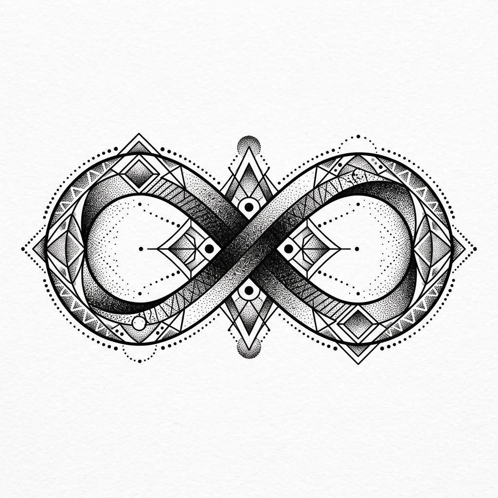Tattoo design of a geometric infinity symbol with dotwork shading on a white background.