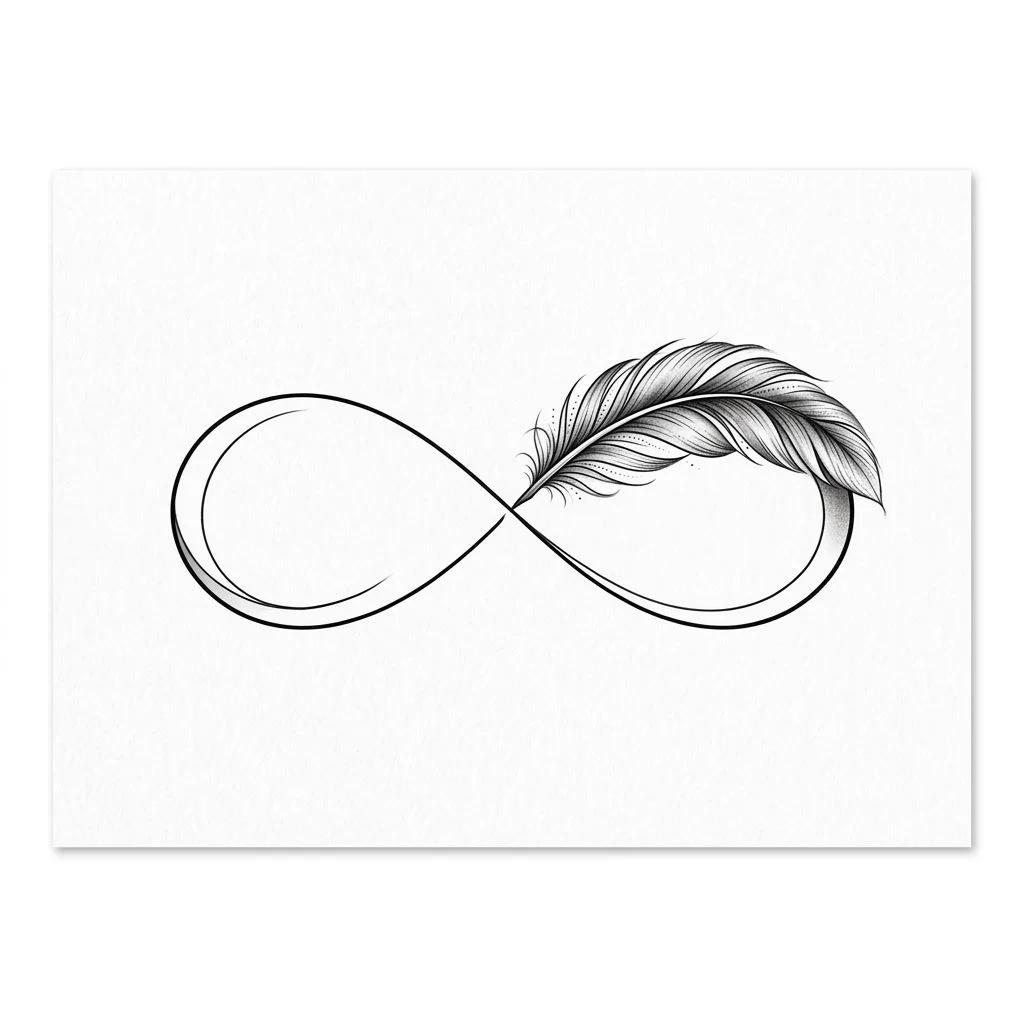 Tattoo design of an infinity symbol integrated with a realistic fine-line feather.