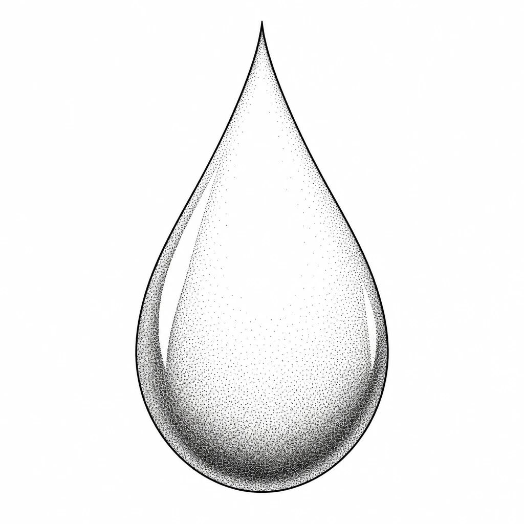 Fine-line teardrop tattoo design with a thin outline and dotwork shading, black and white