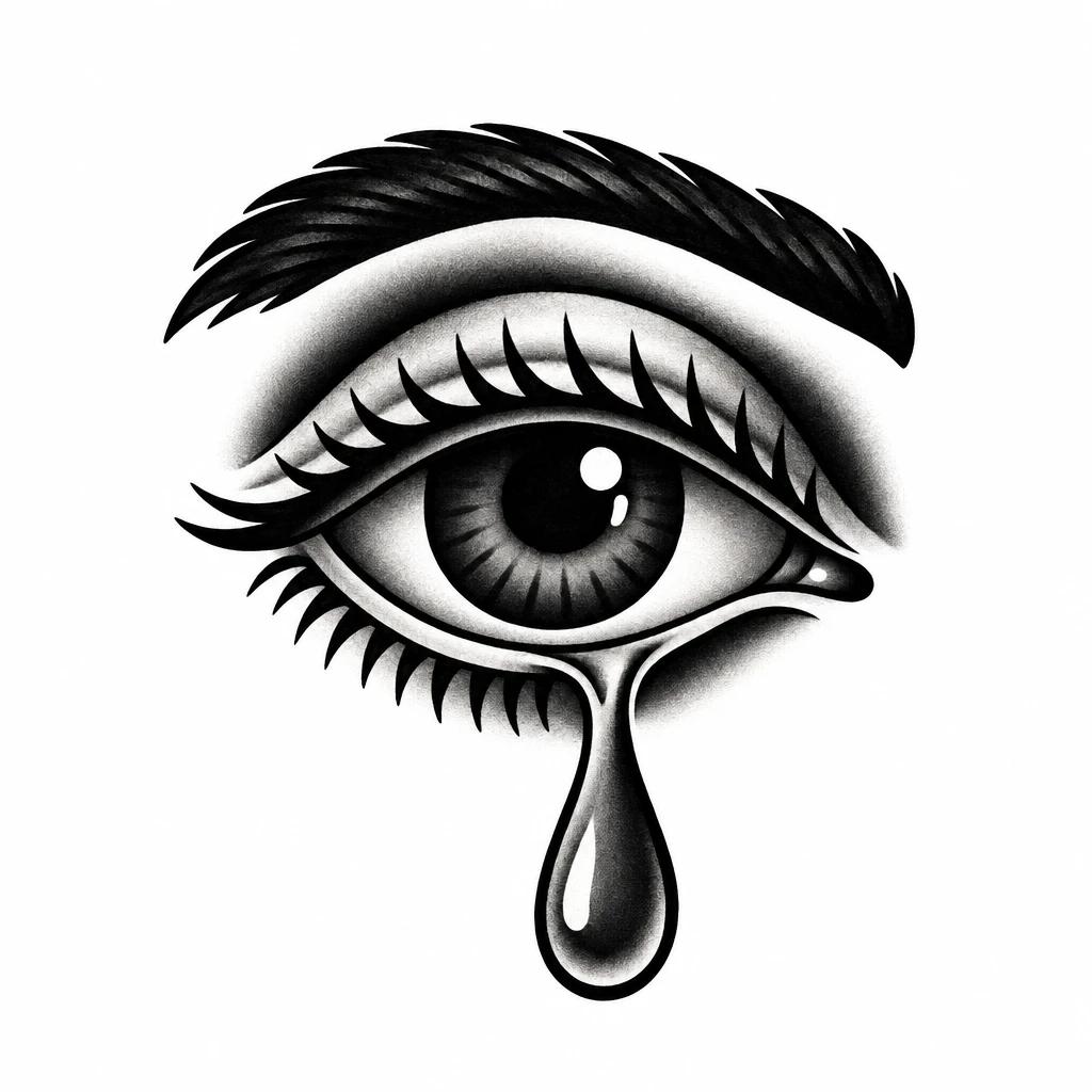 Old school crying eye tattoo design: a stylized eye with bold outlines and a single falling tear