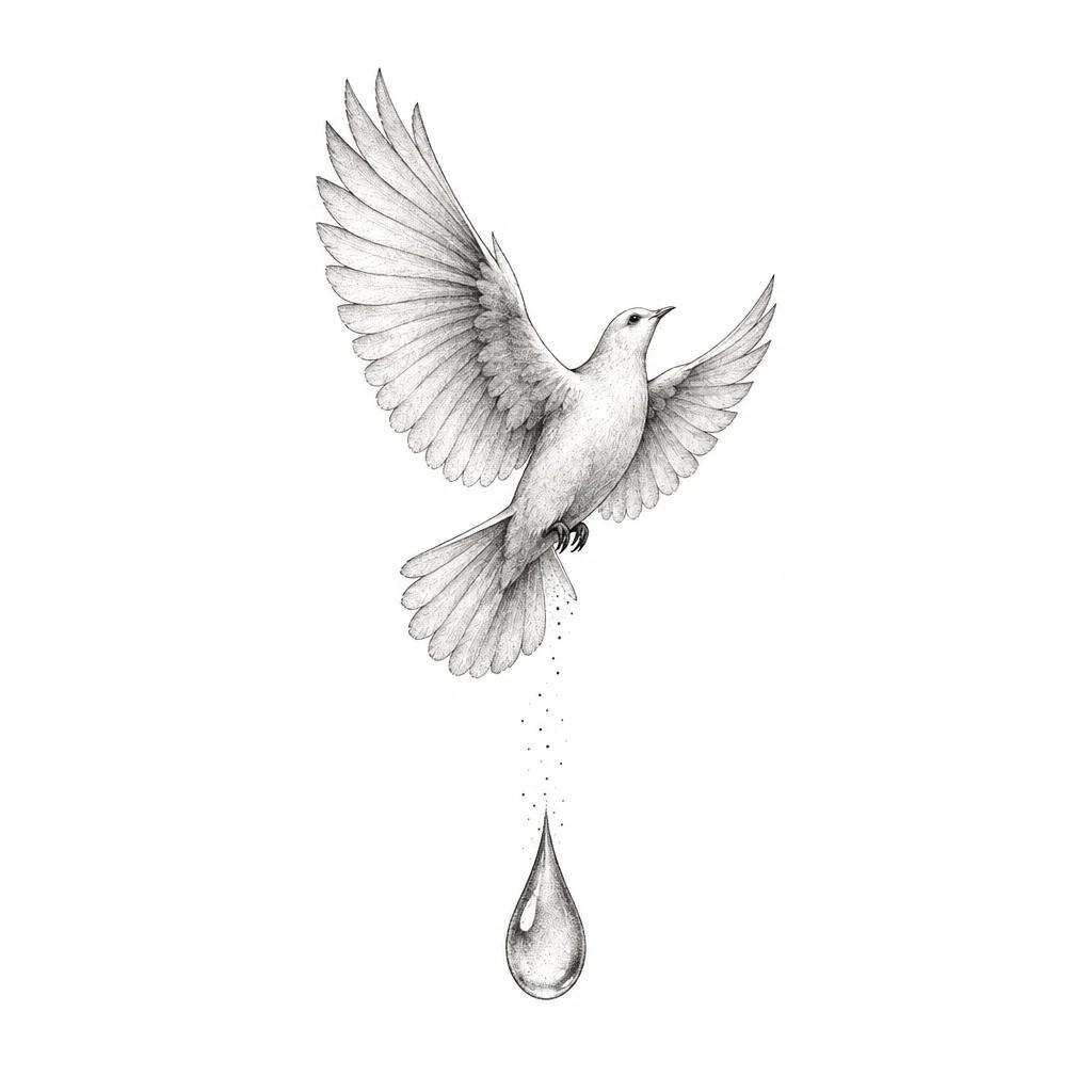 Memorial tattoo design: a dove with spread wings taking flight above a teardrop, fine line and dotwork