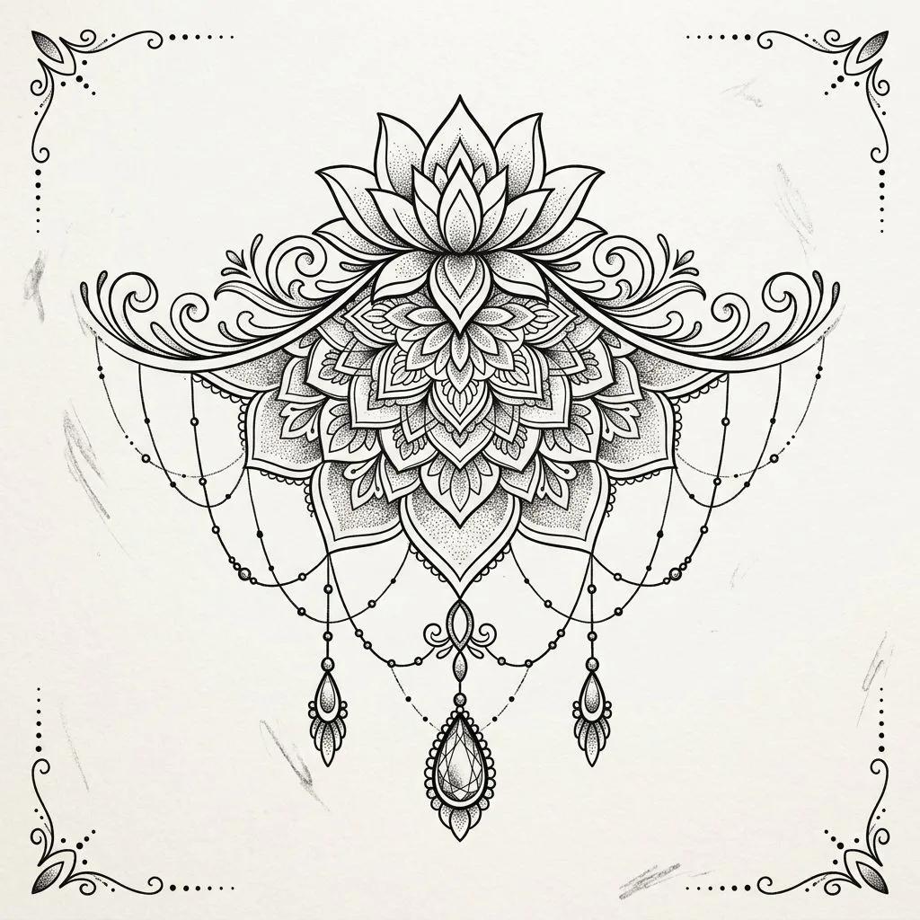 Ornamental mandala tattoo with lotus and jewelry.