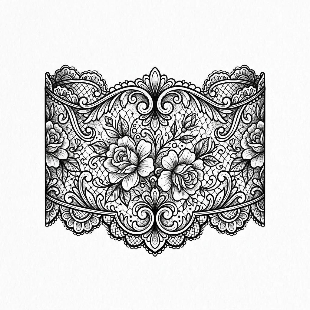 Ornamental lace cuff tattoo design featuring roses and intricate patterns in black ink.