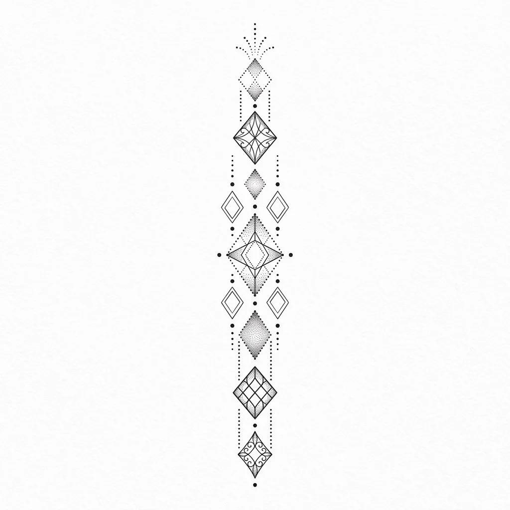 Vertical tattoo design featuring geometric diamonds and fine dotwork on a plain white background.
