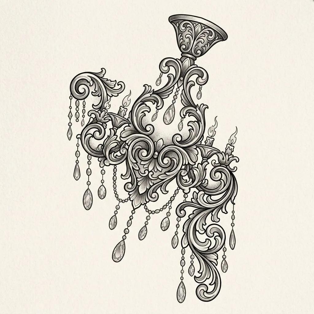 Tattoo design of an ornamental baroque chandelier with swirls and crystal beads in grey wash style.