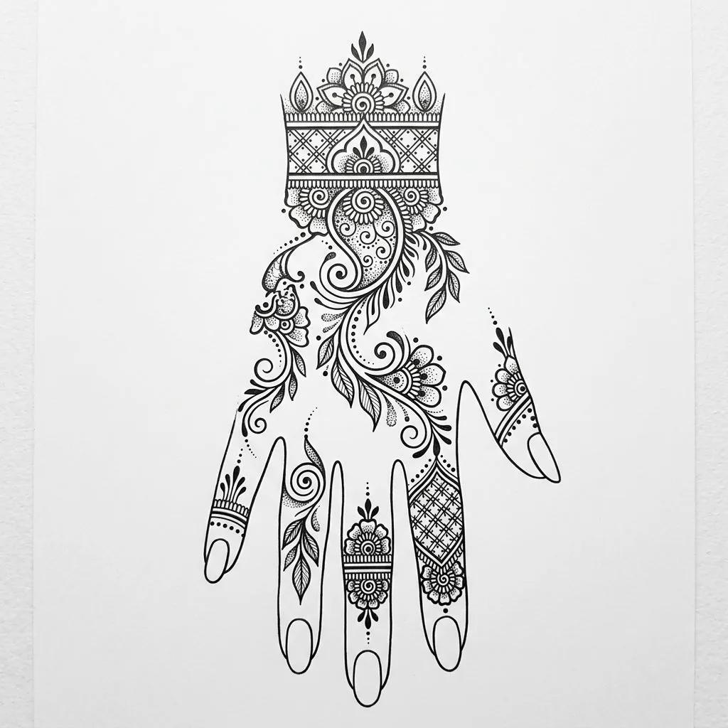 Ornamental mehndi style tattoo design with floral patterns and dotwork on a hand and wrist.