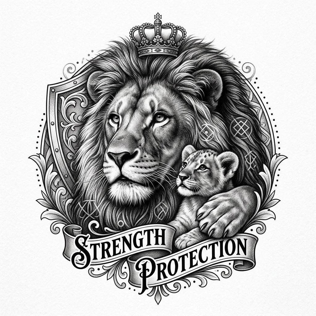 Tattoo design of a crowned lion and cub with a banner on a white background.