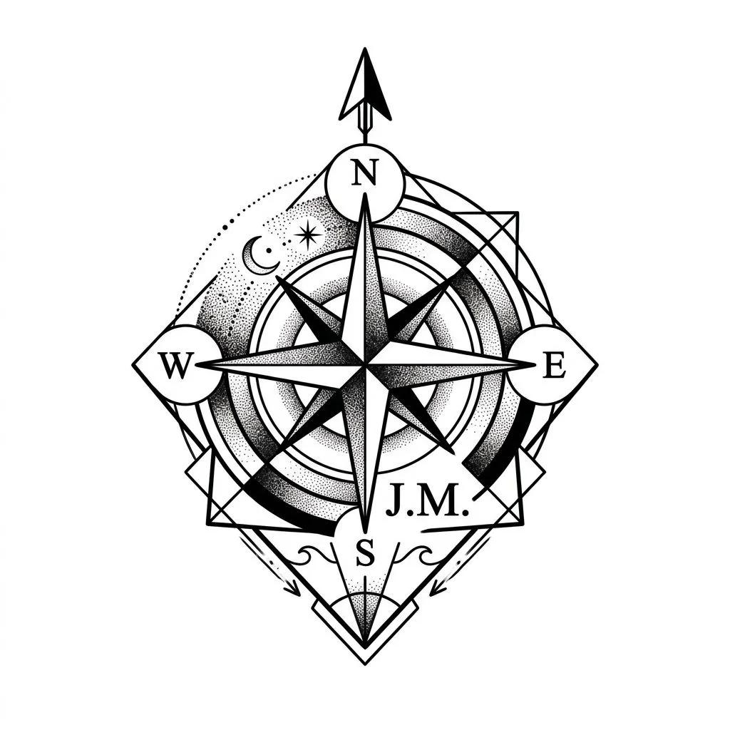 Geometric compass tattoo design with J.M. initials, fine lines, and dotwork shading on a white background.
