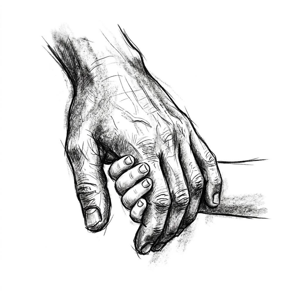 Tattoo design of an adult and child's hands intertwined, charcoal sketch style on a white background.