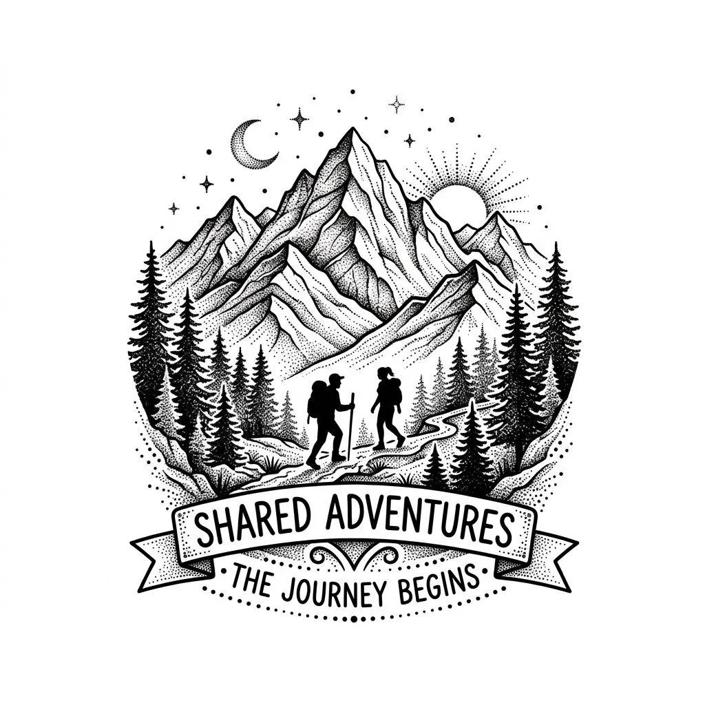 Dotwork tattoo design of two hikers in a mountain landscape with pine trees and a banner.