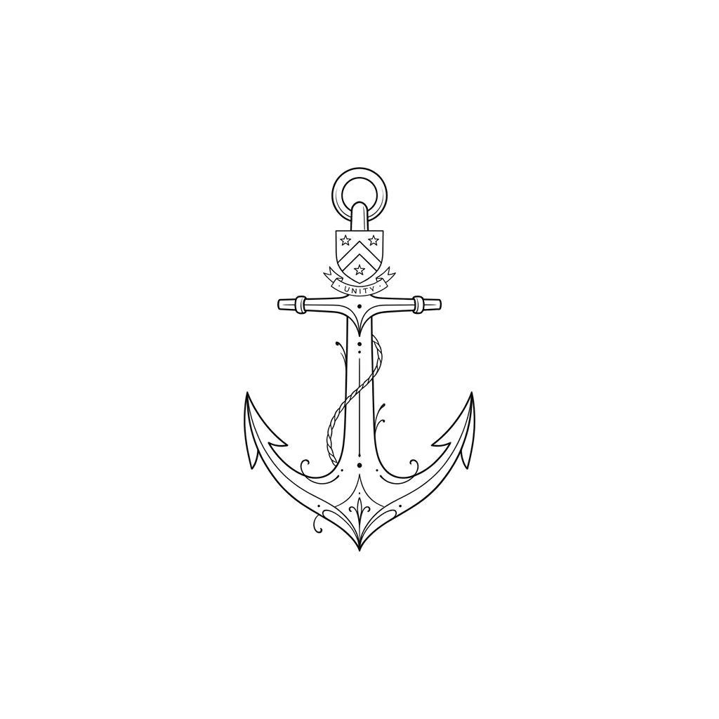 Fine-line tattoo design of a marine anchor with a family crest and the word Unity on white.