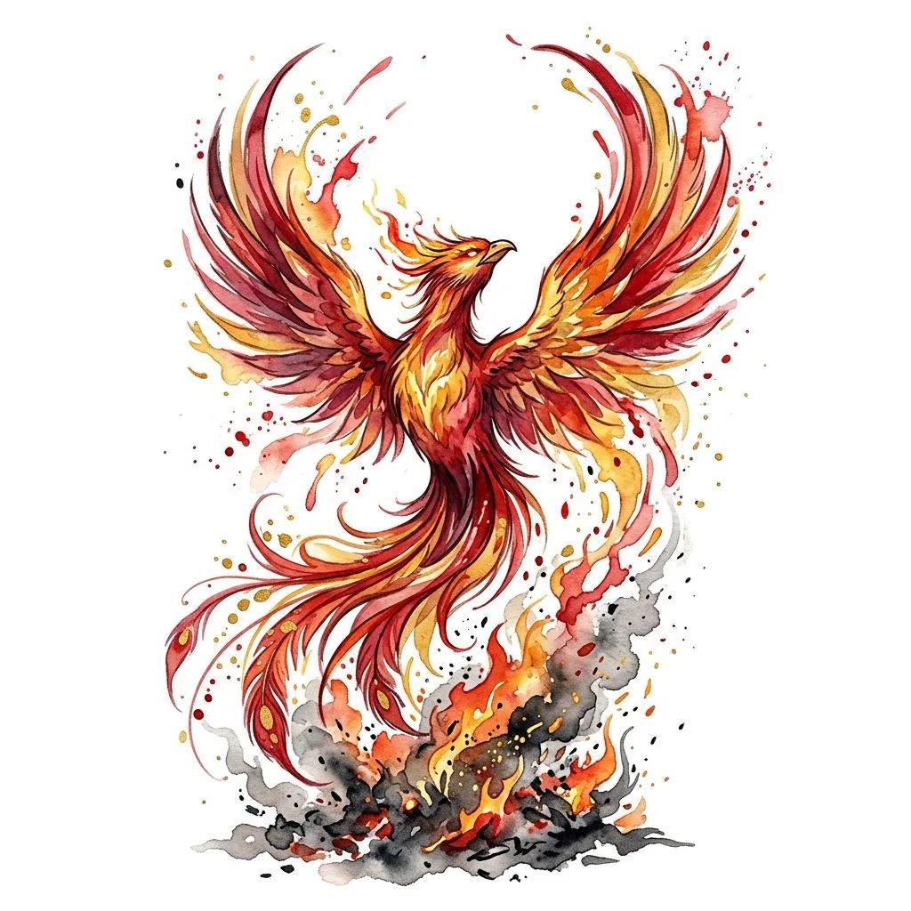 Watercolor phoenix tattoo design with red and gold splashes rising from ashes on a white background.