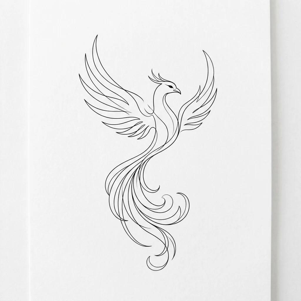Elegant fine-line phoenix tattoo design with minimalist black ink curves on a white background.