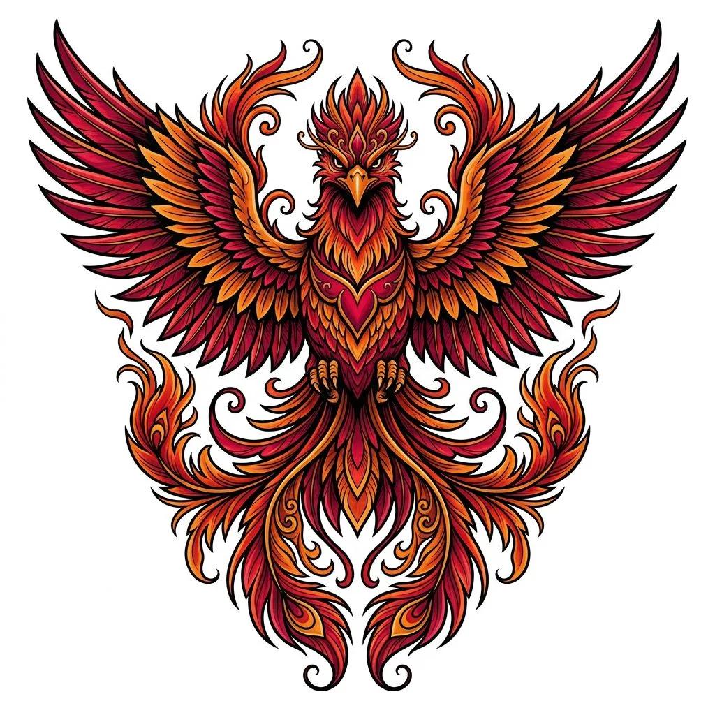 Neo-traditional phoenix tattoo with vibrant red and orange colors and symmetrical wings on a white background.