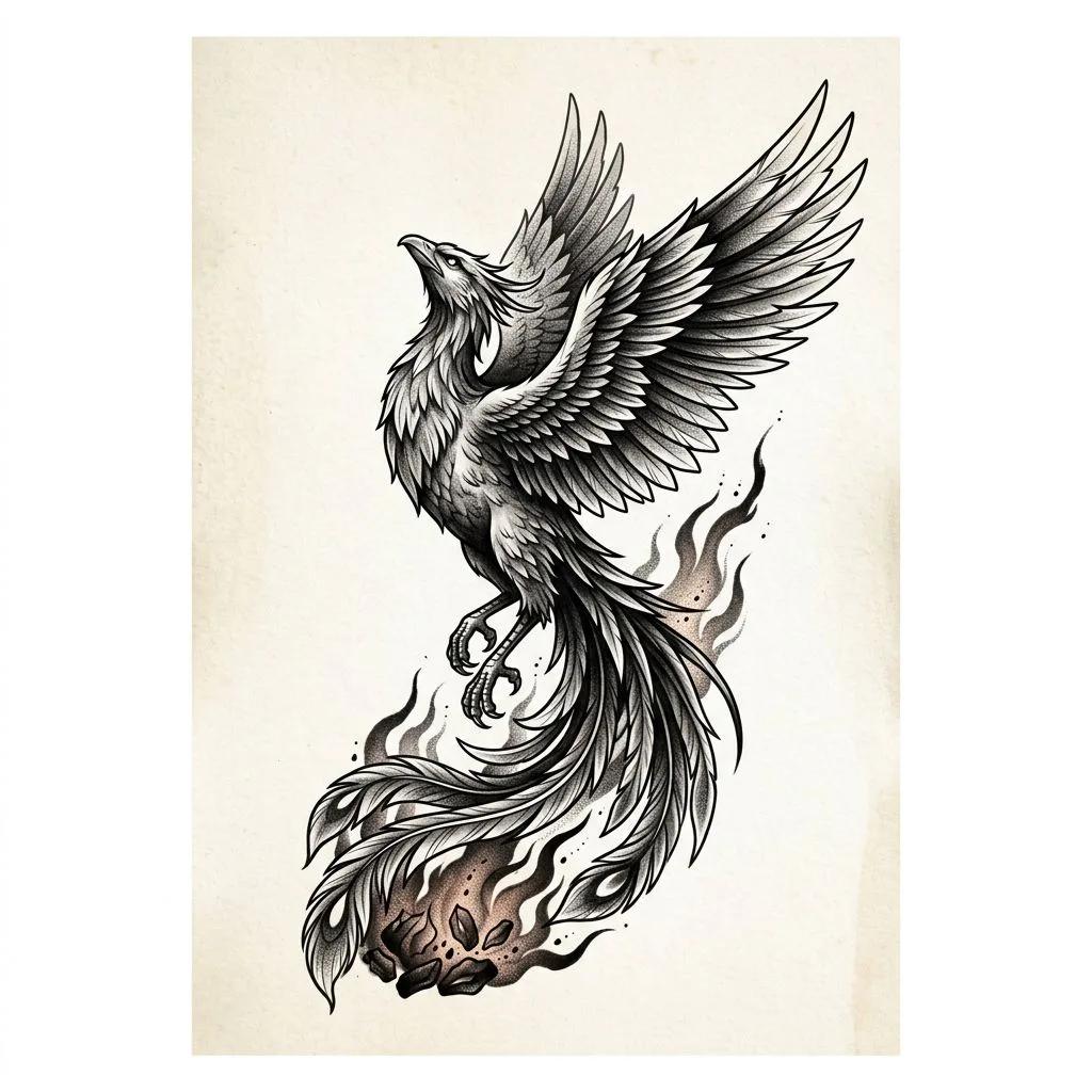 Black and grey tattoo design of a phoenix with detailed feathers and flames.