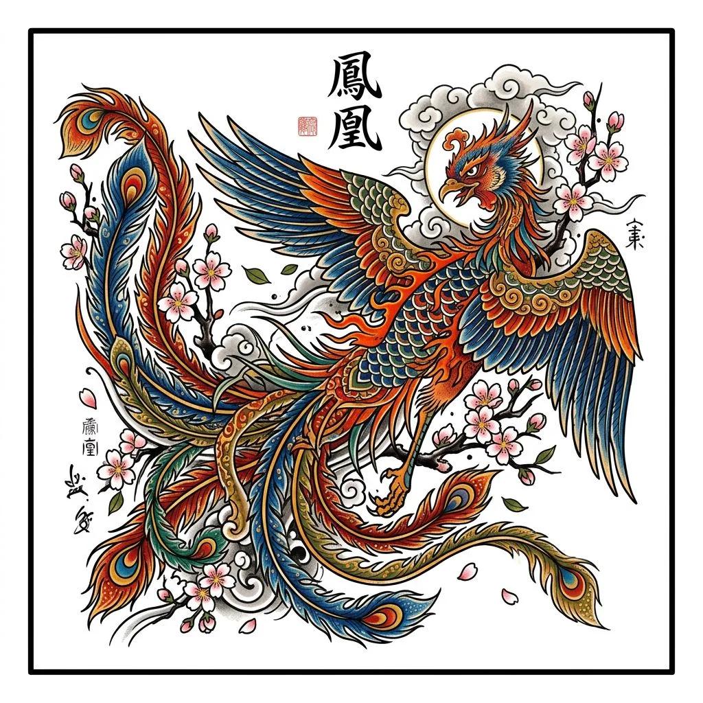 Colorful Japanese phoenix tattoo design with cherry blossoms and peacock-like feathers on a white background.