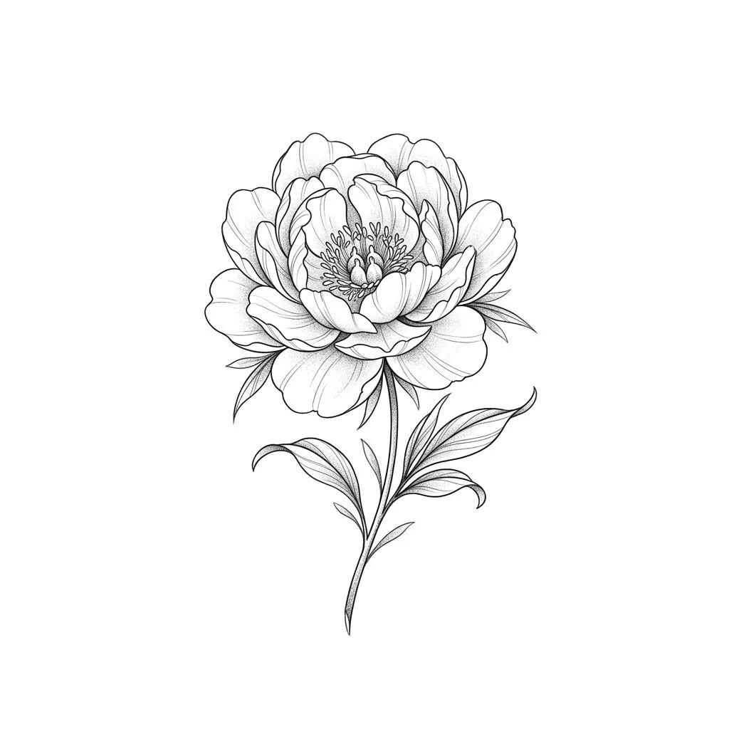 Fine-line peony flower tattoo design with stippling shading on a white background.