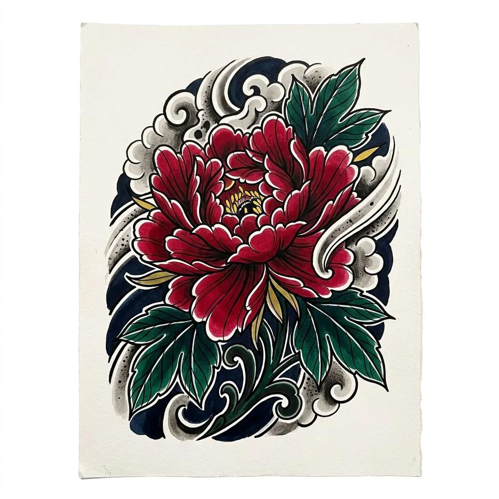 Red Japanese peony tattoo design with green leaves and wave background.