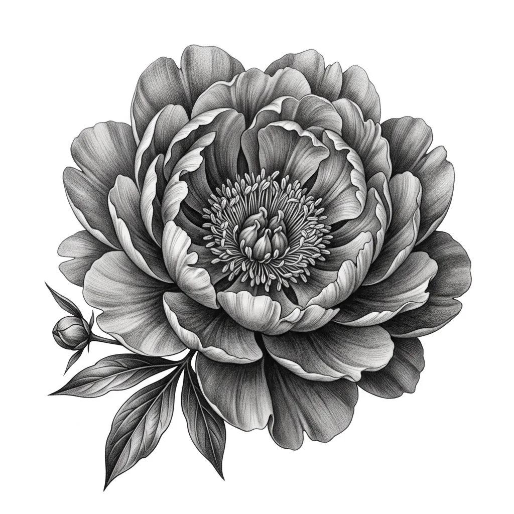Realistic peony tattoo design in black and grey with fine details on a white background.