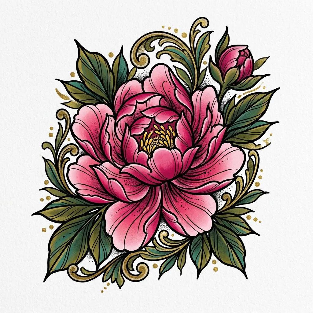 Neo-traditional tattoo design of a pink peony with green leaves and gold decorative accents.