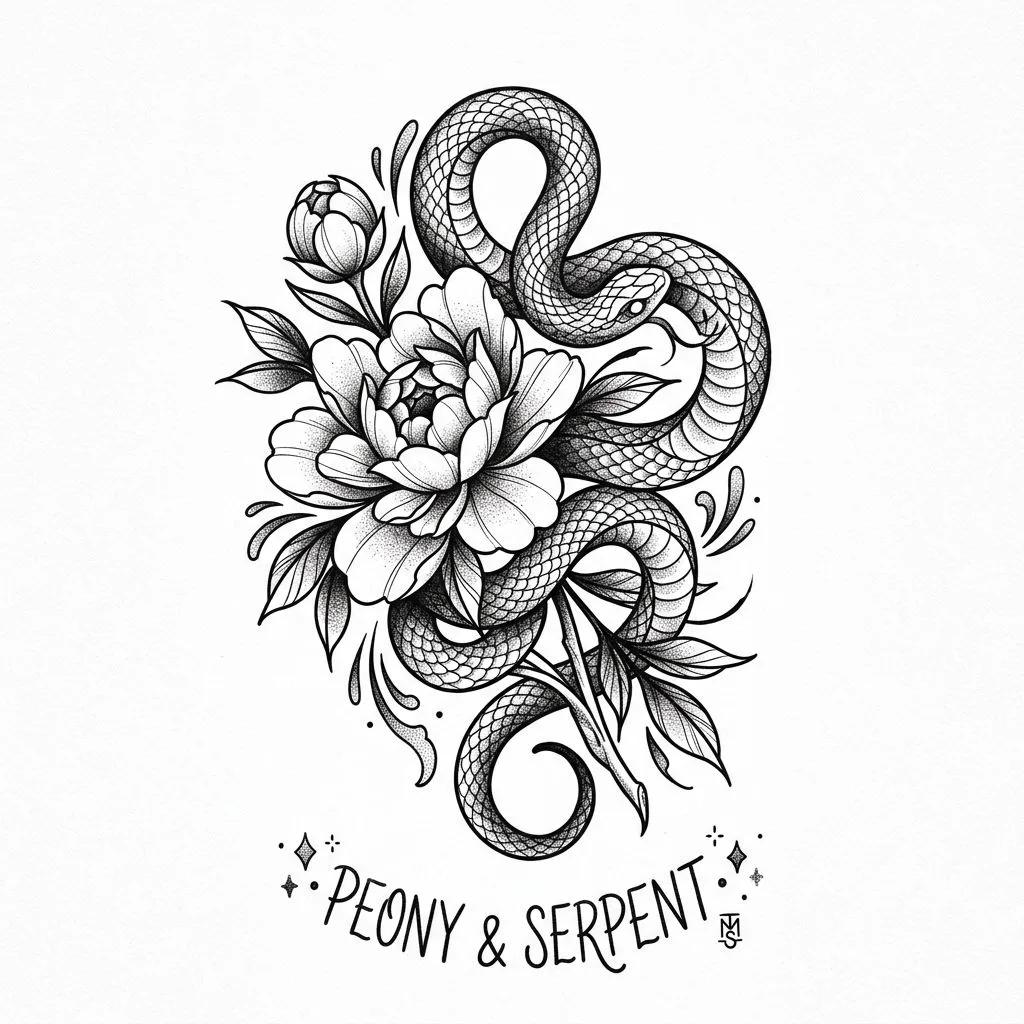 Tattoo design of a snake entwined with a peony flower, black and white linework and dotwork style.