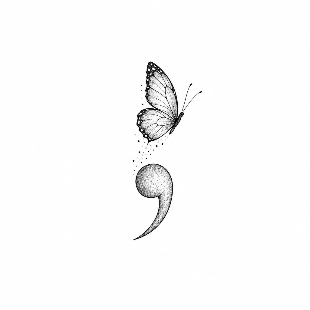 Semicolon tattoo design where the upper dot is replaced by a butterfly taking flight