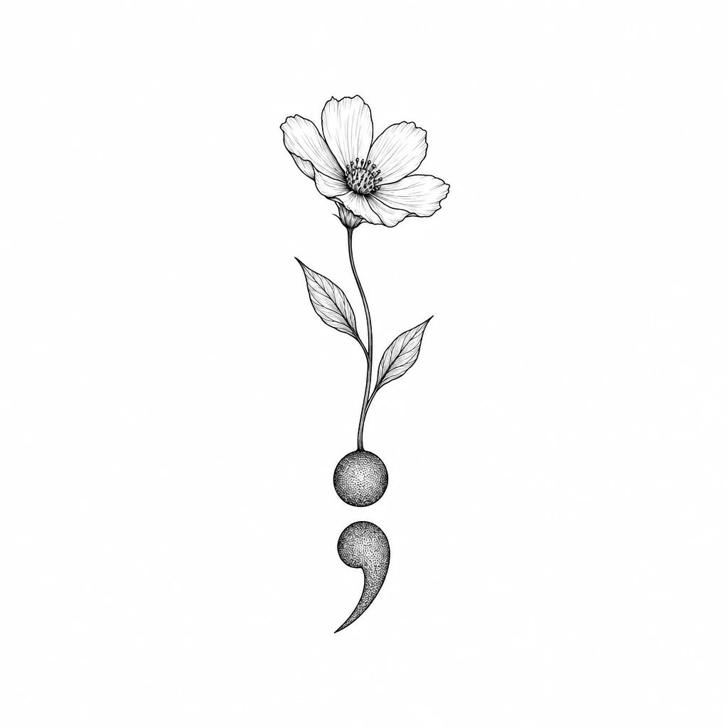 Semicolon tattoo design with a slender stem bearing two leaves and a blooming flower rising from the dot