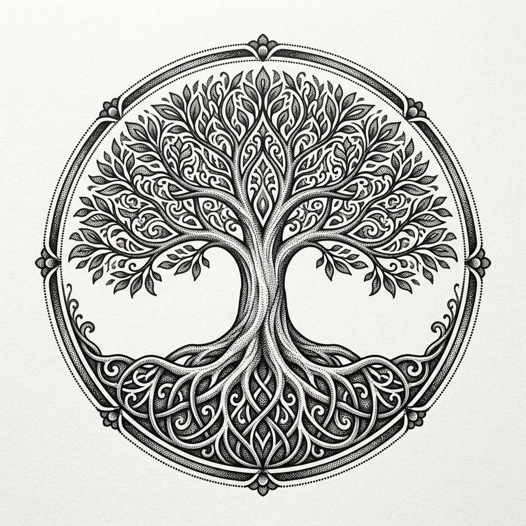 Symmetrical dotwork tattoo design of a tree of life forming a protective circular shield.