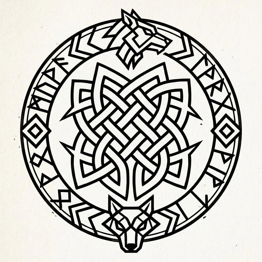 Tattoo design of a Nordic shield knot surrounded by runes and two stylized wolf heads.
