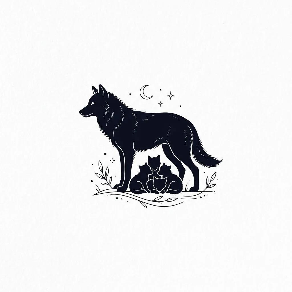 Tattoo design of a black wolf silhouette protecting its cubs under a crescent moon.