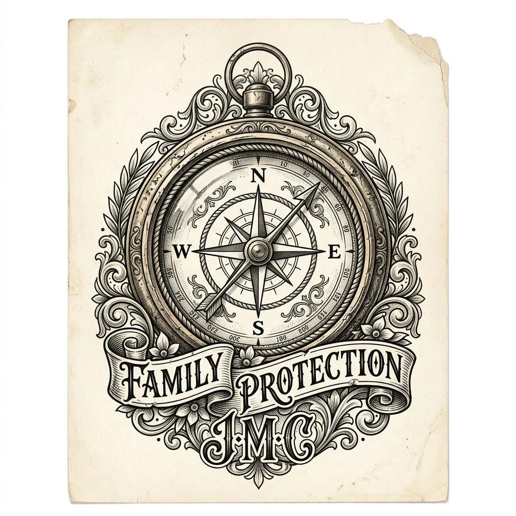 Tattoo design of an ornamental vintage compass with 'Family Protection' banner and JMC initials.