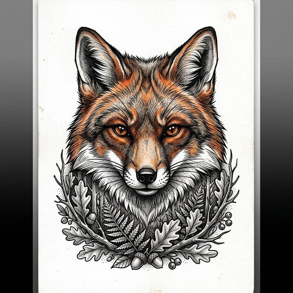 Tattoo design of a realistic fox head surrounded by oak leaves and ferns.