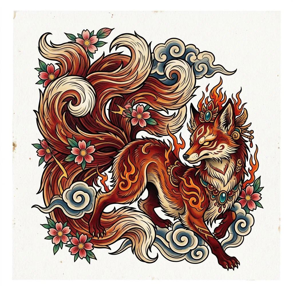 Neo-traditional tattoo design of a nine-tailed Kitsune with cherry blossoms and stylized mystical clouds.