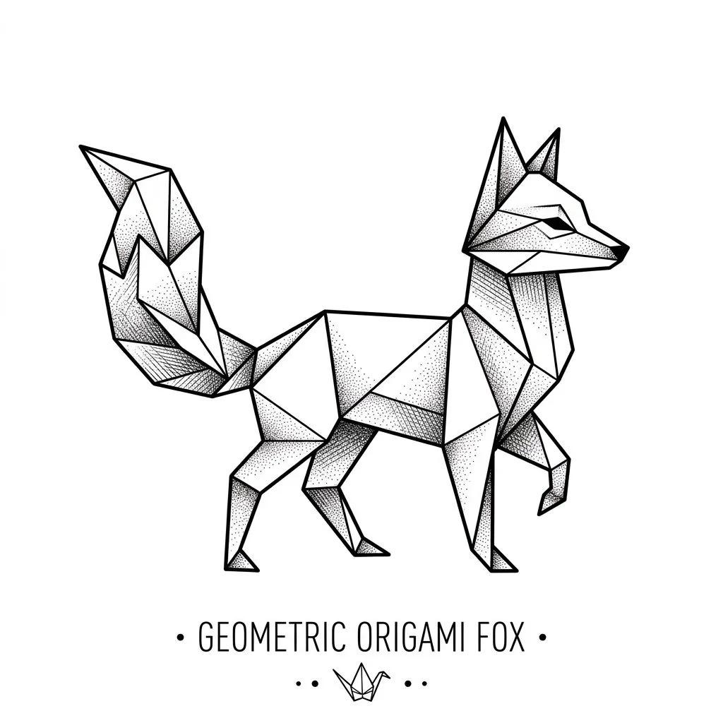 Tattoo design of a geometric origami fox with dotwork shading on a white background.