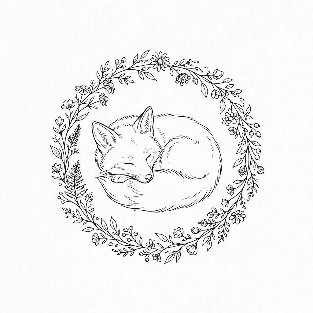 Fine-line tattoo design of a sleeping fox curled inside a wildflower wreath, minimalist black ink.
