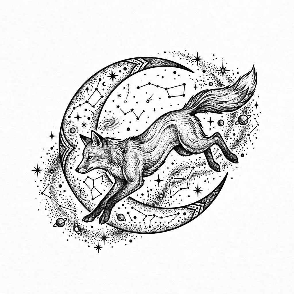 Dotwork tattoo design of a fox jumping through a crescent moon with celestial stars and constellations.
