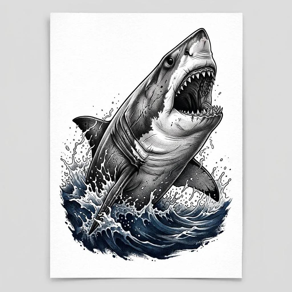 Tattoo design of a great white shark leaping out of the water, realistic black and blue ink style.