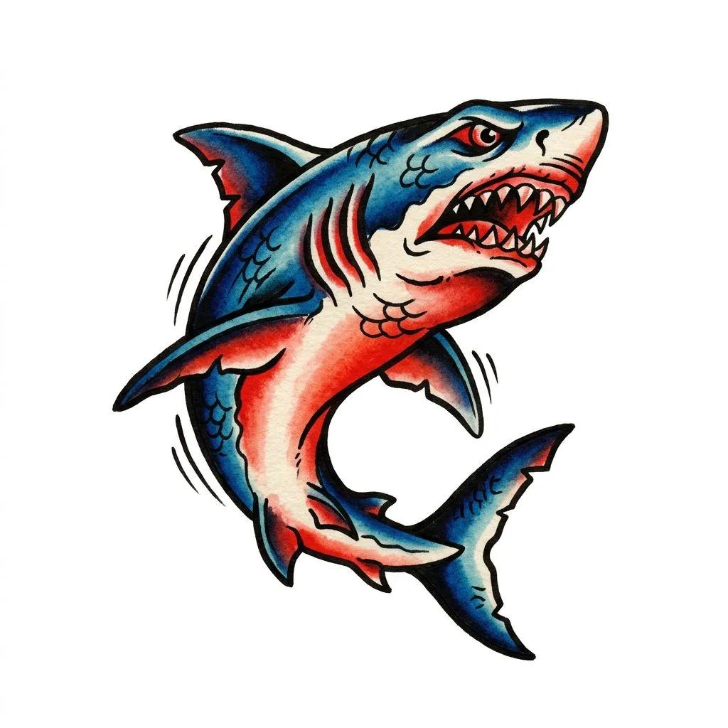 Traditional American shark tattoo design with red and blue shading on white background.