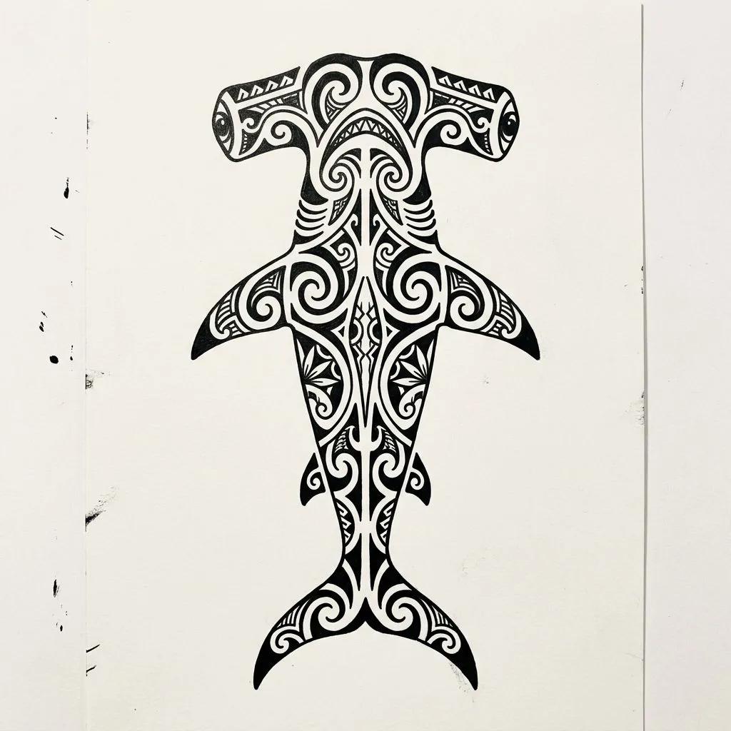 Hammerhead shark tattoo design with symmetrical Polynesian tribal patterns in black on a white background.