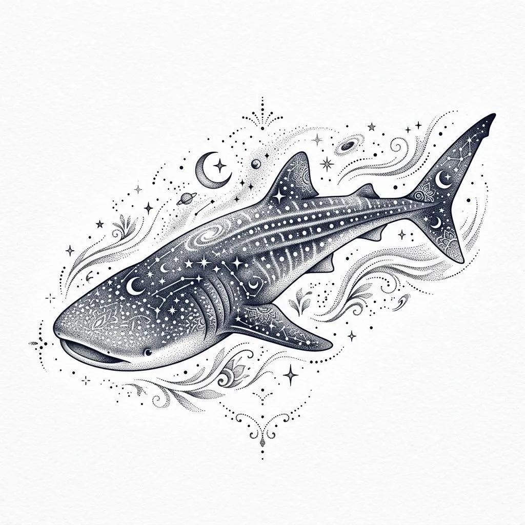 Whale shark tattoo design in dotwork style with celestial patterns, stars, and moons on white.