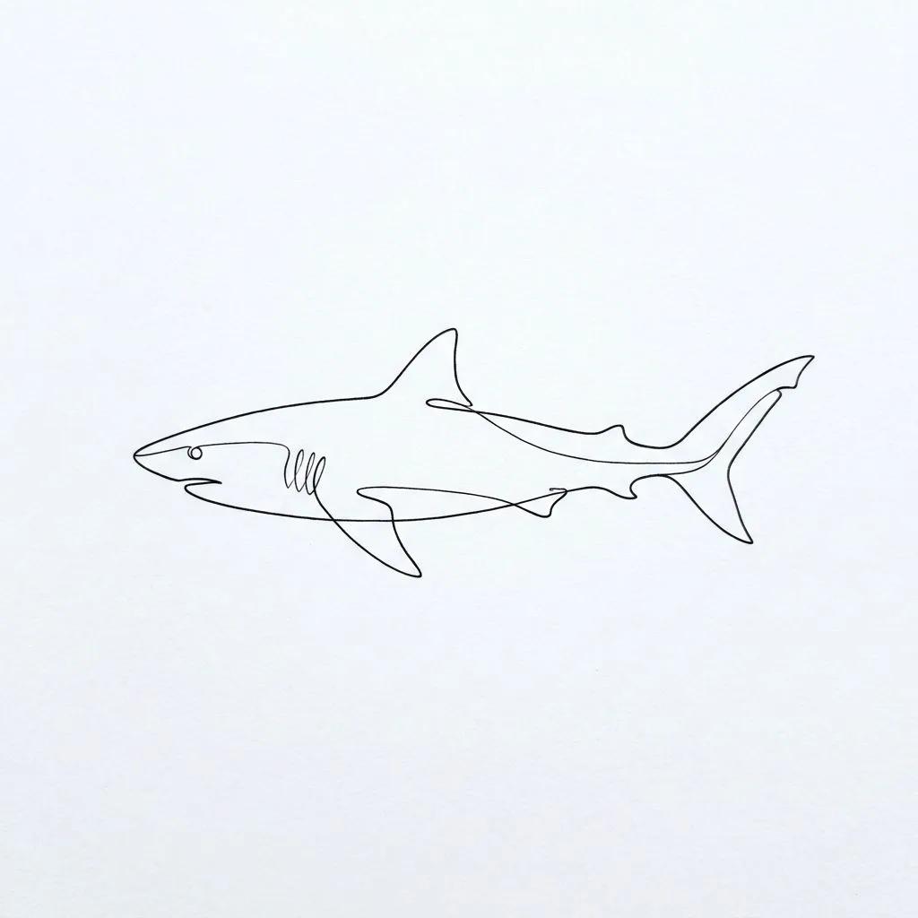 Tattoo design of a shark created with a single continuous fine line on a white background.