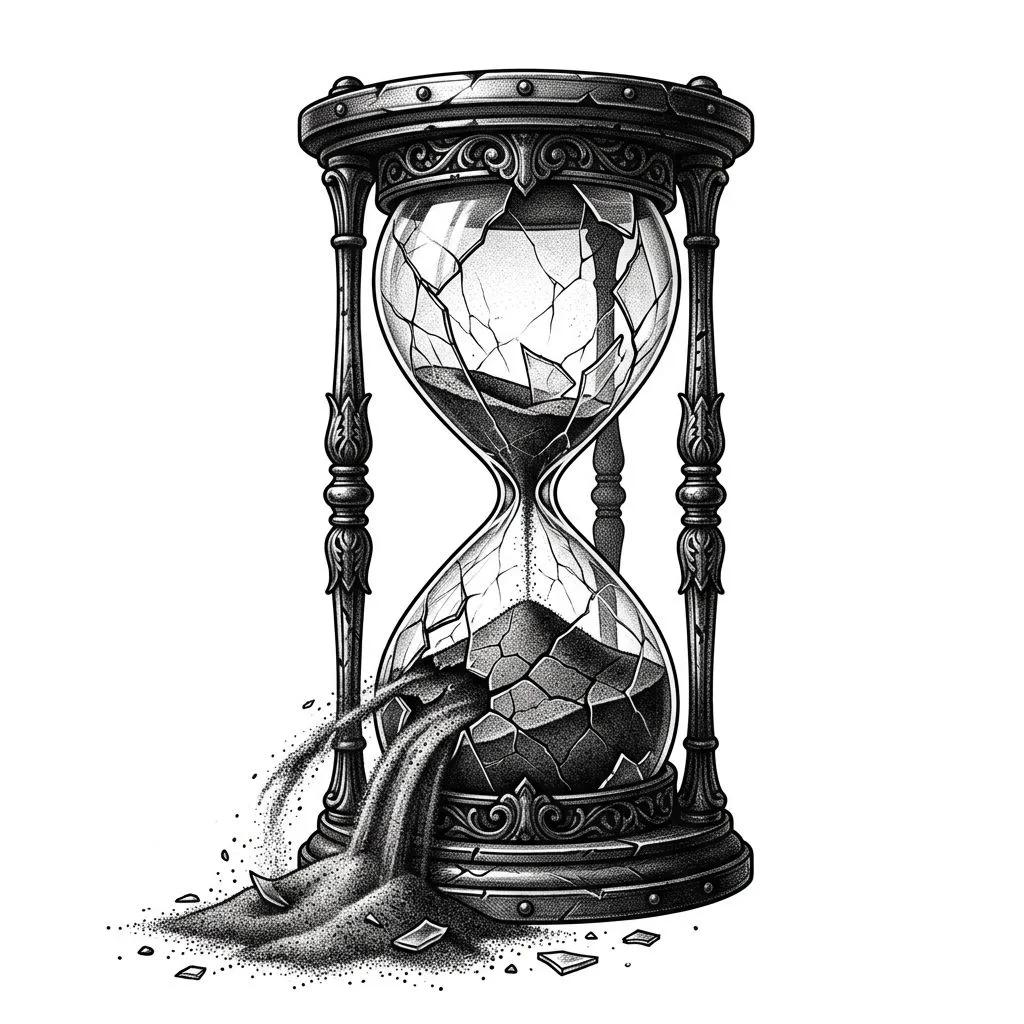 Black and grey hourglass tattoo design with cracked glass and sand leaking out on a white background.